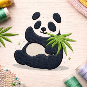 Lazy Panda Embroidery Design digital machine embroidery file with bamboo leaves